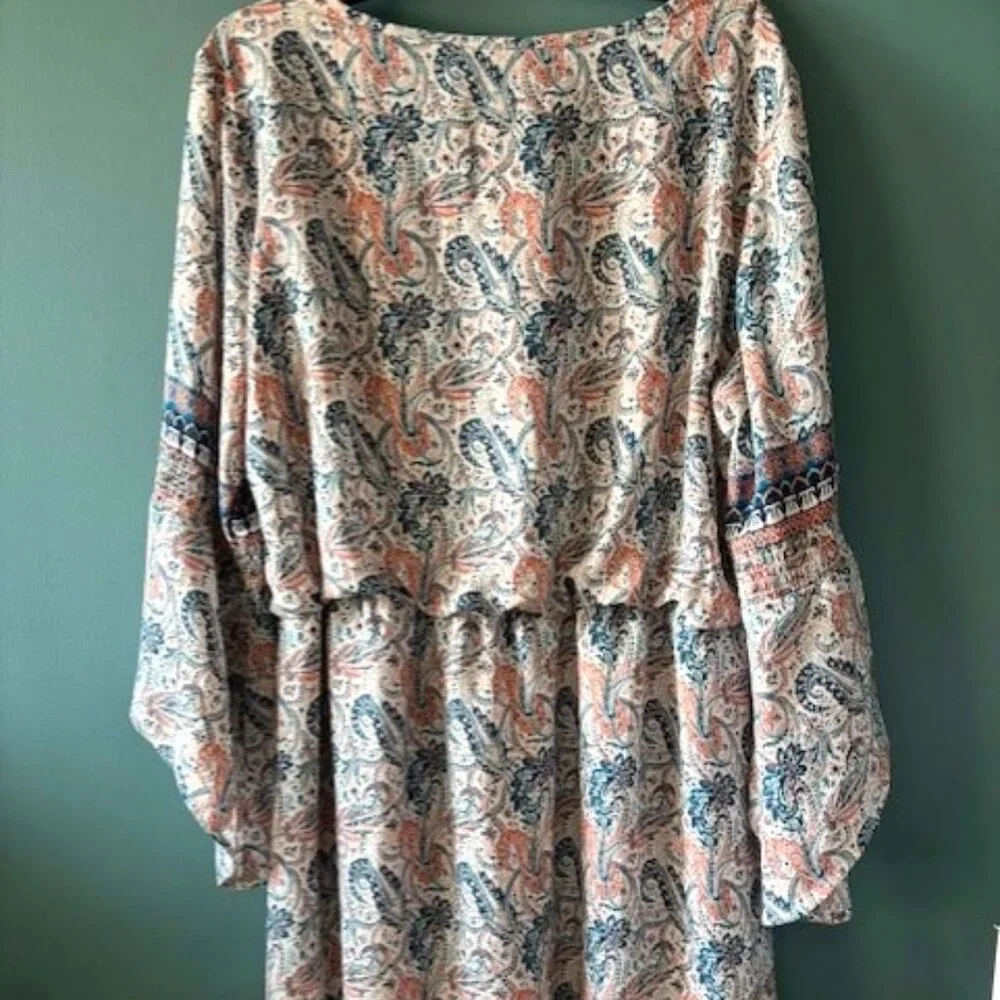 Est 1946 Women's 18/20 W Blue Peach V Neck Peasant Bell Sleeve Boho Drop Waist - Picture 2 of 6